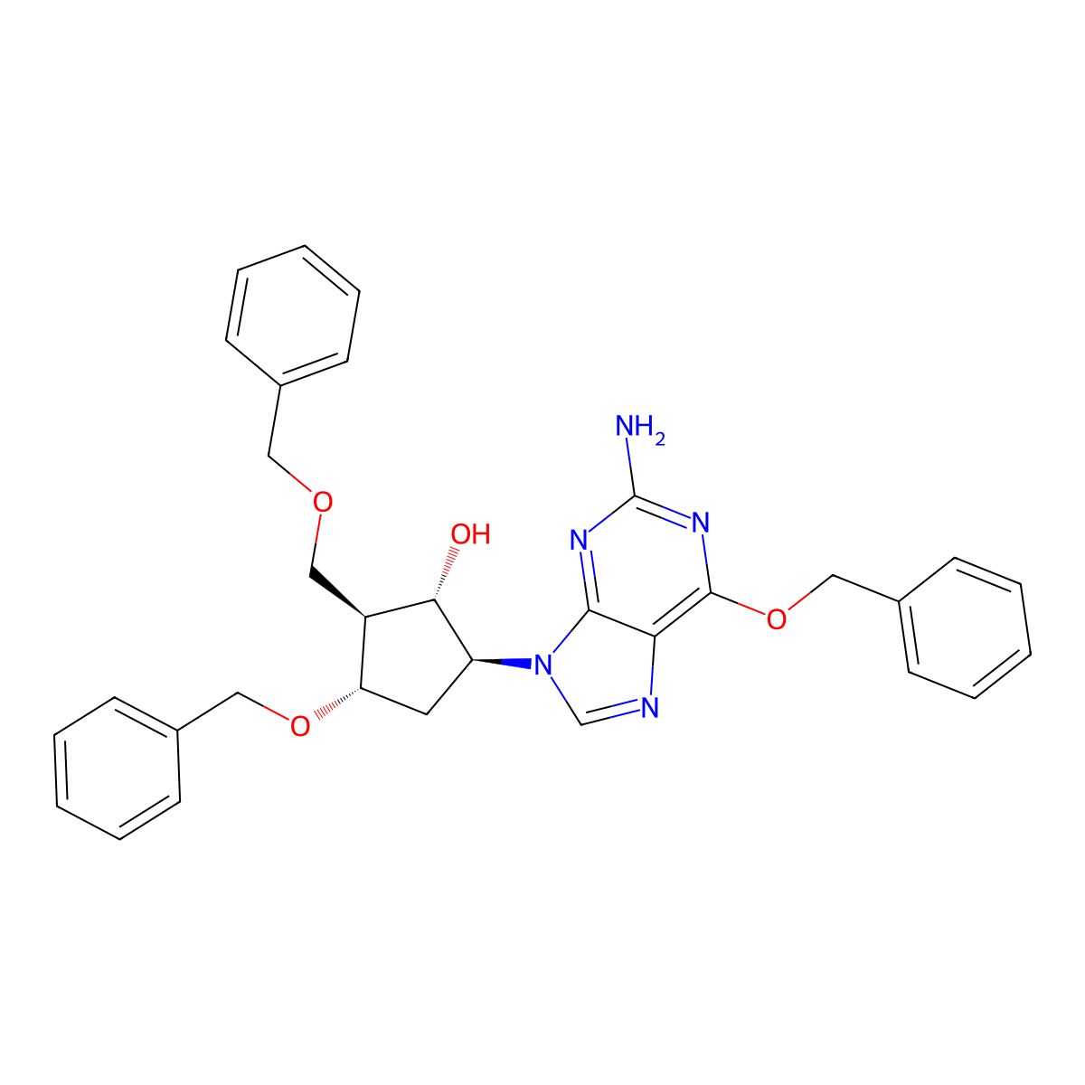 (1S,2S,3S,5S)-5-(2-Amino-6-(benzyloxy)-9H-purin-9-yl)-3-(benzyloxy)-2-(benzyloxymethyl)cyclopentanol molecular structure, CAS 142217-77-4