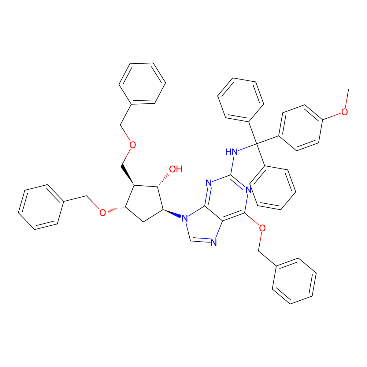 (1S,2S,3S,5S)-3-(benzyloxy)-5-(6-(benzyloxy)-2-(((4-methoxyphenyl)diphenylmethyl)amino)-9H-purin-9-yl)-2-((benzyloxy)methyl)cyclopentanol molecular structure, CAS 142217-78-5