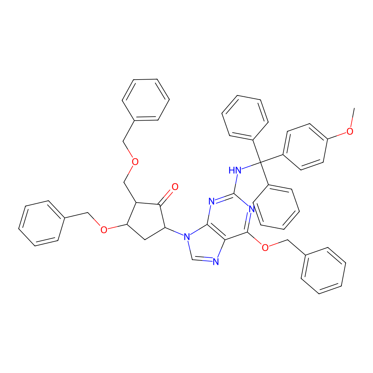 (2R,3S,5S)-5-[2-[[(4-Methoxyphenyl)diphenylmethyl]amino]-6-(phenylmethoxy)-9H-purin-9-yl]-3-(phenylmethoxy)-2-[(phenylmethoxy)methyl]cyclopentanone molecular structure, CAS 142217-79-6