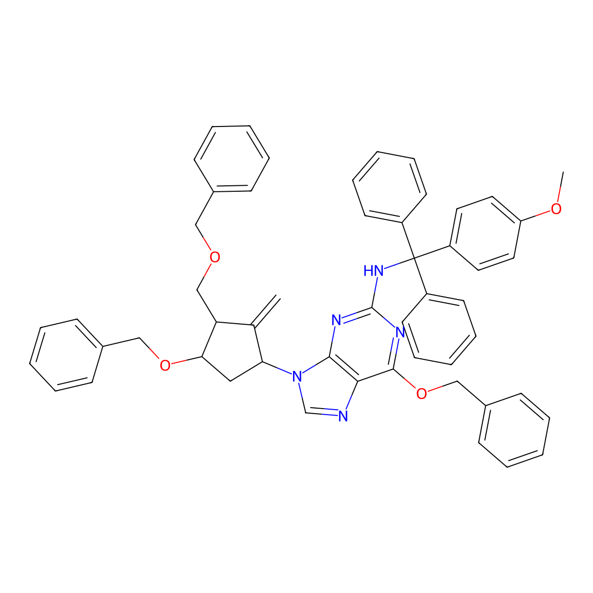 6-(Benzyloxy)-9-((1S,3S)-4-(benzyloxy)-3-((benzyloxy)methyl)-2-methylenecyclopentyl)-N-((4-methoxyphenyl)diphenylmethyl)-9H-purin-2-amine molecular structure, CAS 142217-80-9