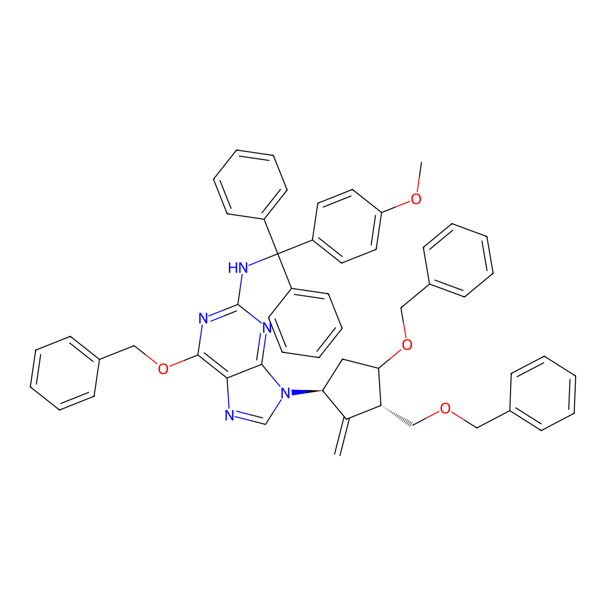 6-(Benzyloxy)-9-((1S,3S)-4-(benzyloxy)-3-((benzyloxy)methyl)-2-methylenecyclopentyl)-N-((4-methoxyphenyl)diphenylmethyl)-9H-purin-2-amine molecular structure, CAS 142217-80-9