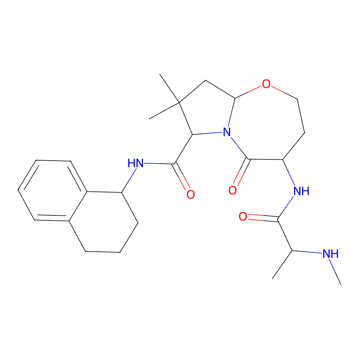 (4S,7R,9AS)-8,8-dimethyl-4-((S)-2-(methylamino)propanamido)-5-oxo-N-((R)-1,2,3,4-tetrahydronaphthalen-1-yl)octahydropyrrolo[2,1-b][1,3]oxazepine-7-carboxamide molecular structure, CAS 1422180-61-7