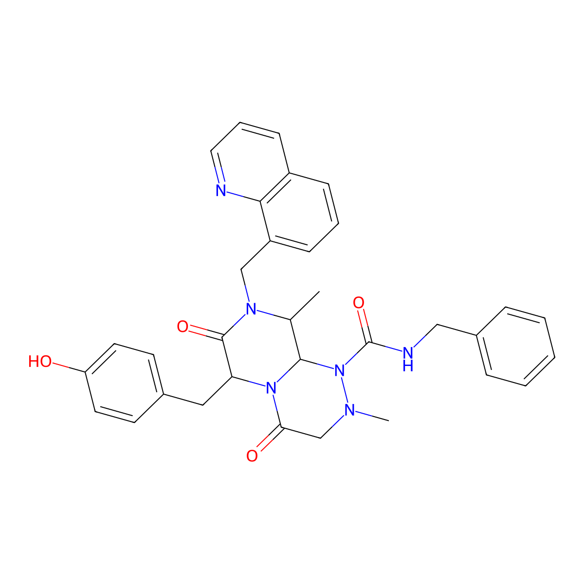 (6S,9S,9AS)-N-benzyl-6-(4-hydroxybenzyl)-2,9-dimethyl-4,7-dioxo-8-(quinolin-8-ylmethyl)hexahydro-2H-pyrazino[2,1-c][1,2,4]triazine-1(6H)-carboxamide molecular structure, CAS 1422253-37-9