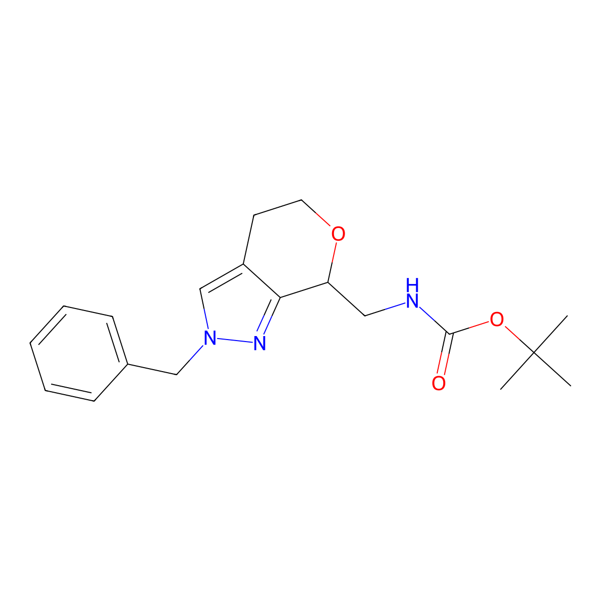 tert-Butyl ((2-benzyl-2,4,5,7-tetrahydropyrano[3,4-c]pyrazol-7-yl)methyl)carbamate molecular structure, CAS 1422344-07-7