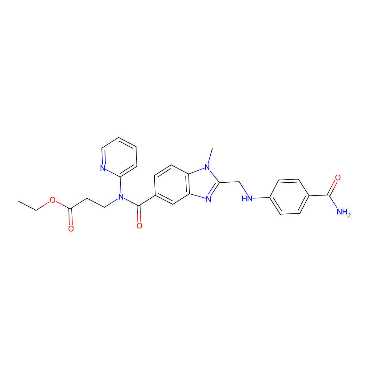 ethyl 3-(2-((4-carbamoylphenylamino)methyl)-1-methyl-N-(pyridin-2-yl)-1H-benzo[d]imidazole-5-carboxamido)propanoate molecular structure, CAS 1422435-41-3