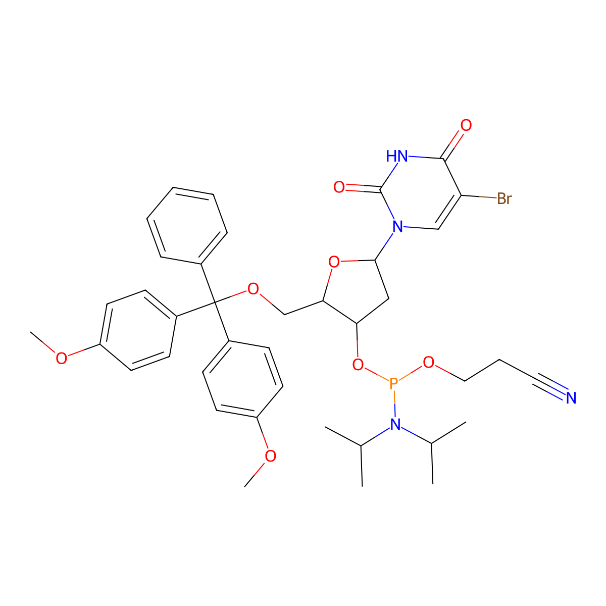 (2R,3S,5R)-2-((Bis(4-methoxyphenyl)(phenyl)methoxy)methyl)-5-(5-bromo-2,4-dioxo-3,4-dihydropyrimidin-1(2H)-yl)tetrahydrofuran-3-yl (2-cyanoethyl) diisopropylphosphoramidite molecular structure, CAS 142246-64-8
