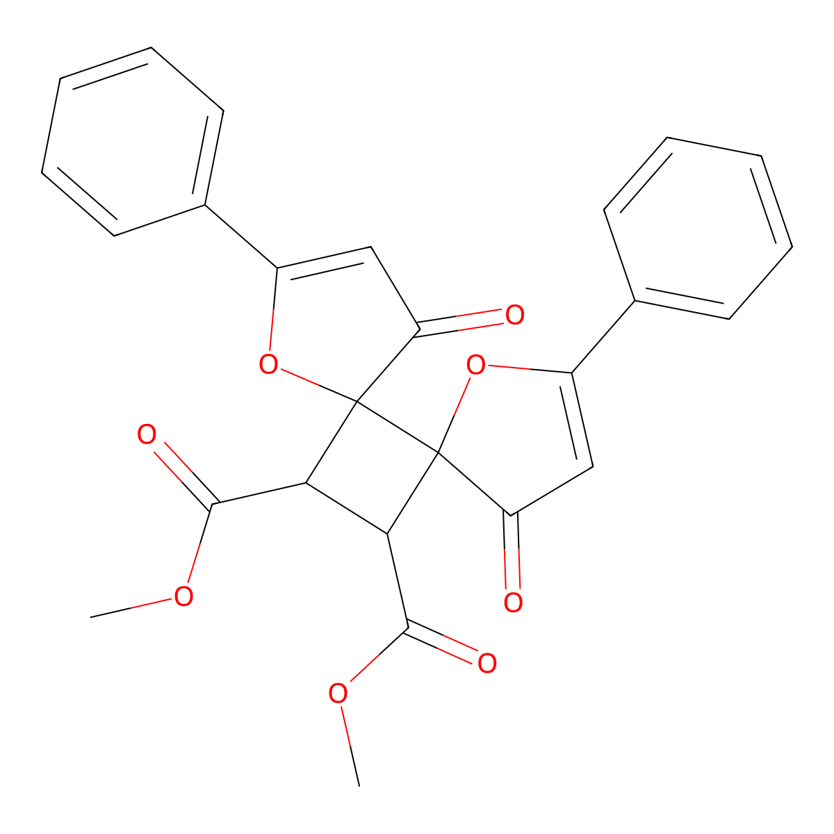 1,7-Dioxadispiro(4.0.4.2)dodeca-2,8-diene-11,12-dicarboxylic acid, 4,10-dioxo-2,8-diphenyl-, dimethyl ester, (5-alpha,6-alpha,11-alpha,12-alpha)- molecular structure, CAS 142273-60-7