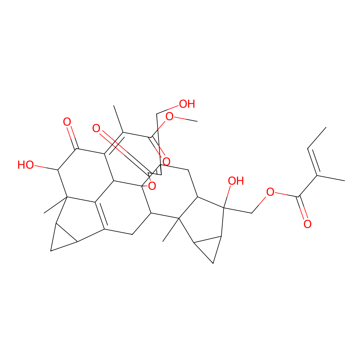 [9,21-Dihydroxy-5-(hydroxymethyl)-23-(1-methoxy-1-oxopropan-2-ylidene)-13,20-dimethyl-4,22-dioxo-3-oxaoctacyclo[14.7.1.02,6.02,14.08,13.010,12.017,19.020,24]tetracosa-5,16(24)-dien-9-yl]methyl 2-methylbut-2-enoate molecular structure, CAS 142279-41-2