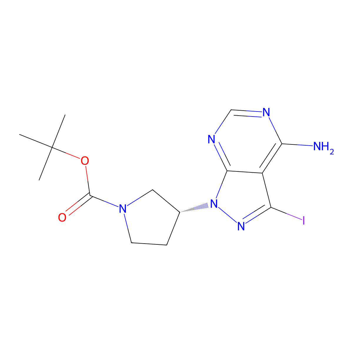 (R)-tert-butyl 3-(4-amino-3-iodo-1H-pyrazolo[3,4-d]pyrimidin-1-yl)pyrrolidine-1-carboxylate molecular structure, CAS 1422827-96-0