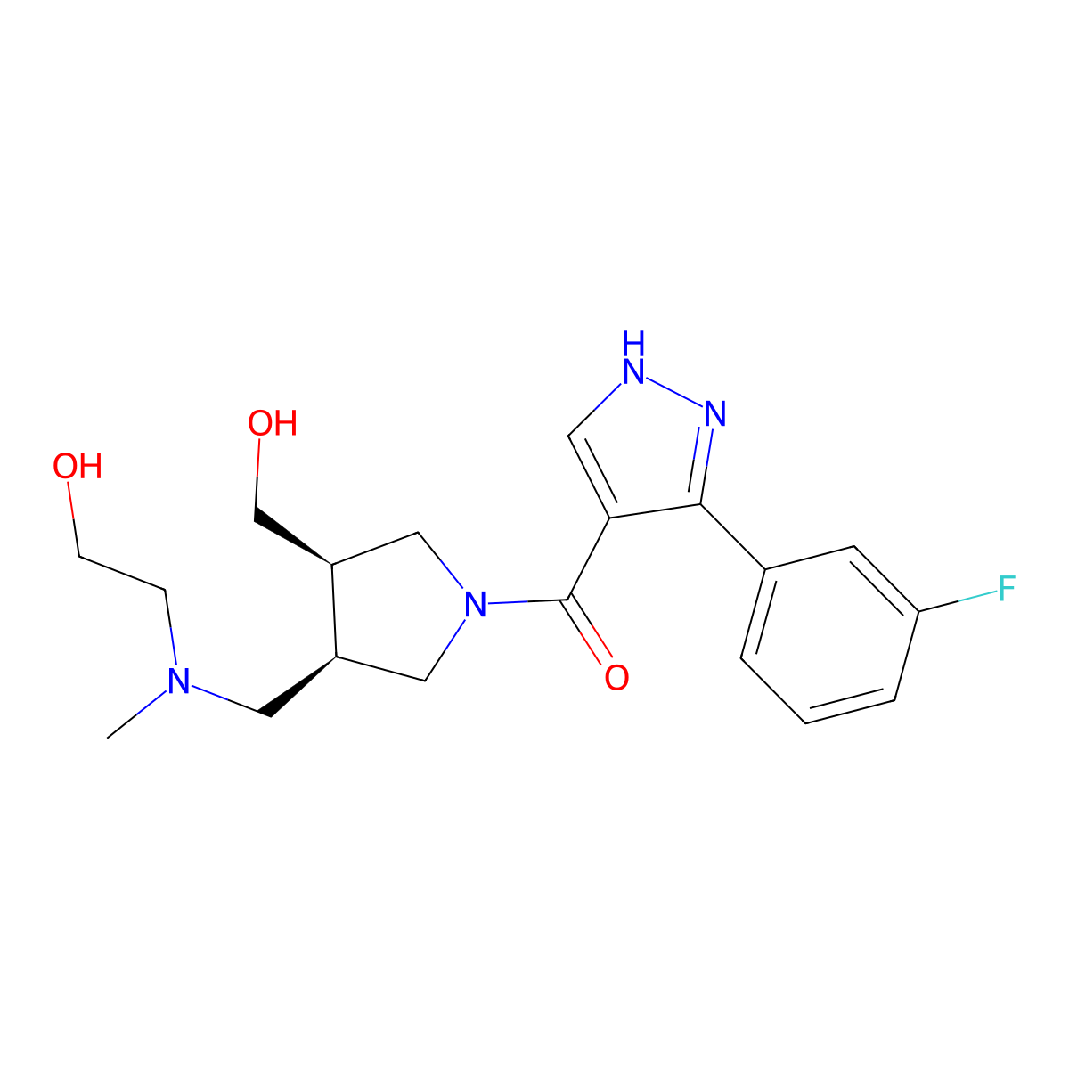 2-[{[(3R*,4R*)-1-{[3-(3-fluorophenyl)-1H-pyrazol-4-yl]carbonyl}-4-(hydroxymethyl)pyrrolidin-3-yl]methyl}(methyl)amino]ethanol molecular structure, CAS 1422853-25-5