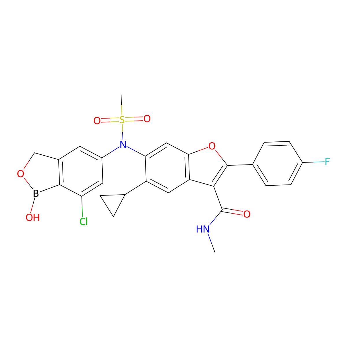 6-((7-Chloro-1-hydroxy-1,3-dihydro-2,1-benzoxaborol-5-yl)(methylsulfonyl)amino)-5-cyclopropyl-2-(4-fluorophenyl)-N-methyl-1-benzofuran-3-carboxamide molecular structure, CAS 1423007-82-2