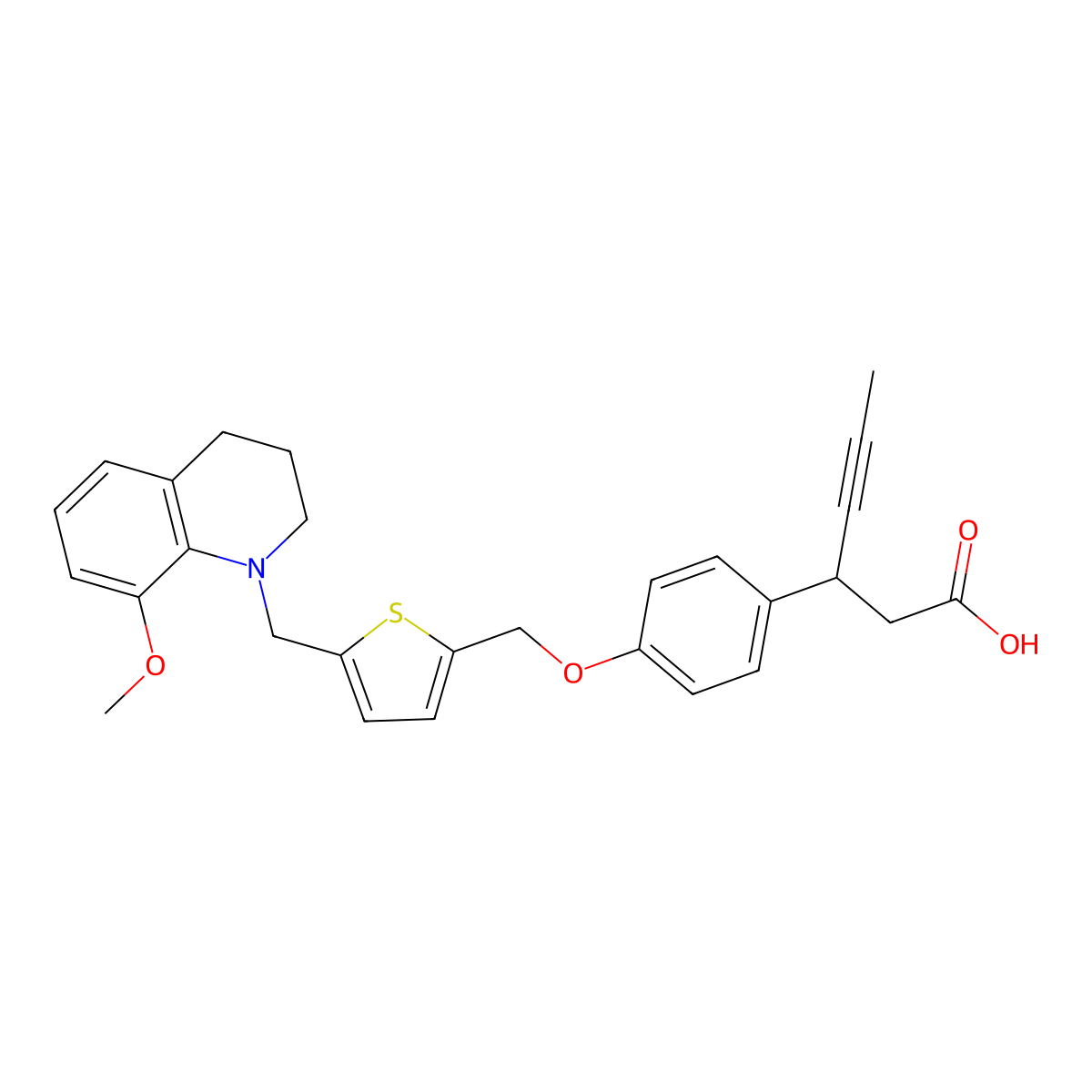 (S)-3-(4-((5-((8-Methoxy-3,4-dihydroquinolin-1(2H)-yl)methyl)thiophen-2-yl)methoxy)phenyl)hex-4-ynoic acid molecular structure, CAS 1423018-12-5