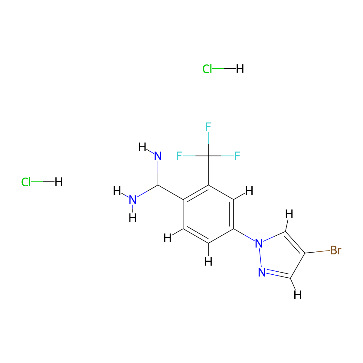 4-(4-bromo-1H-pyrazol-1-yl)-2-(trifluoromethyl)benzene-1-carboximidamide dihydrochloride molecular structure, CAS 1423029-46-2