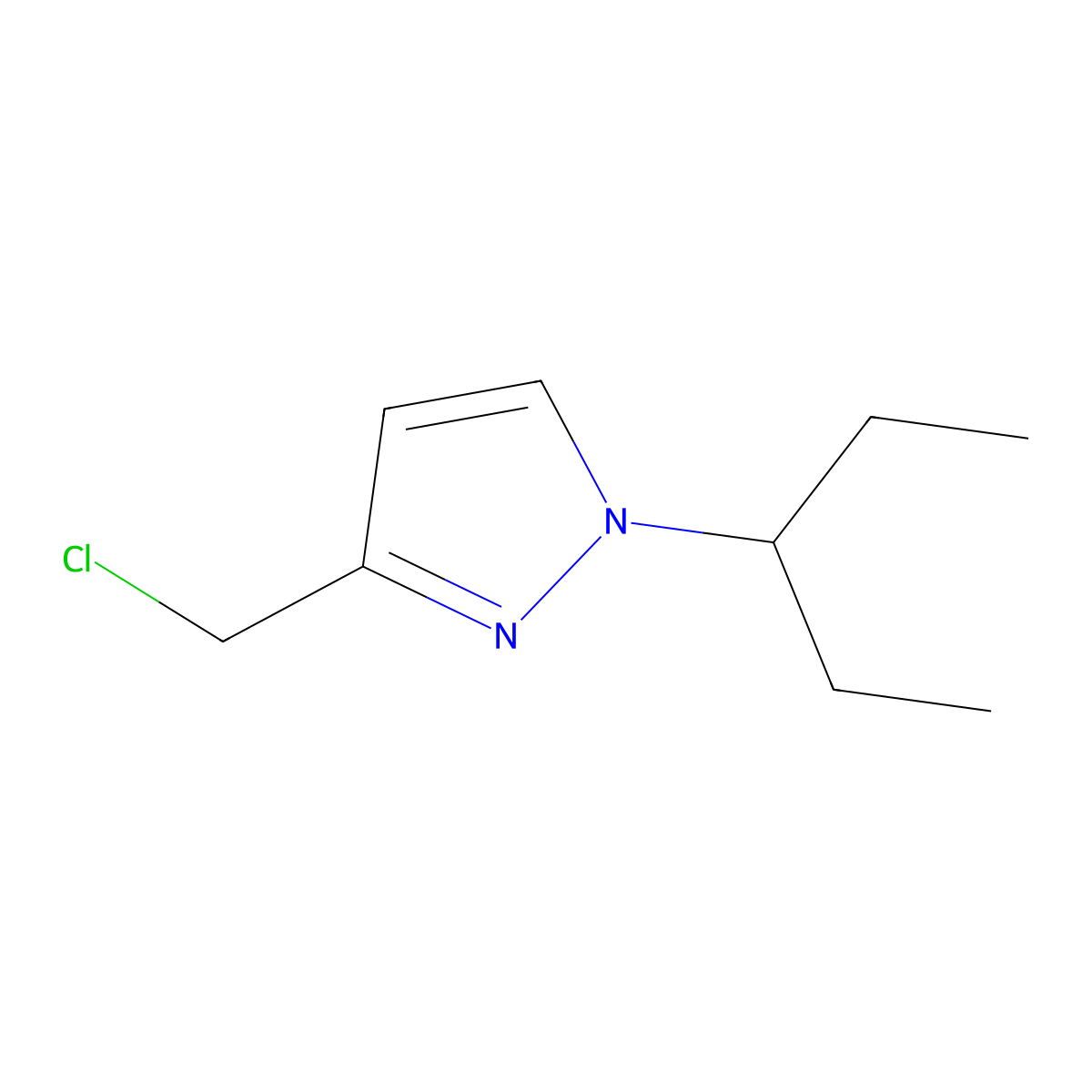 3-(chloromethyl)-1-(pentan-3-yl)-1H-pyrazole molecular structure, CAS 1423030-91-4
