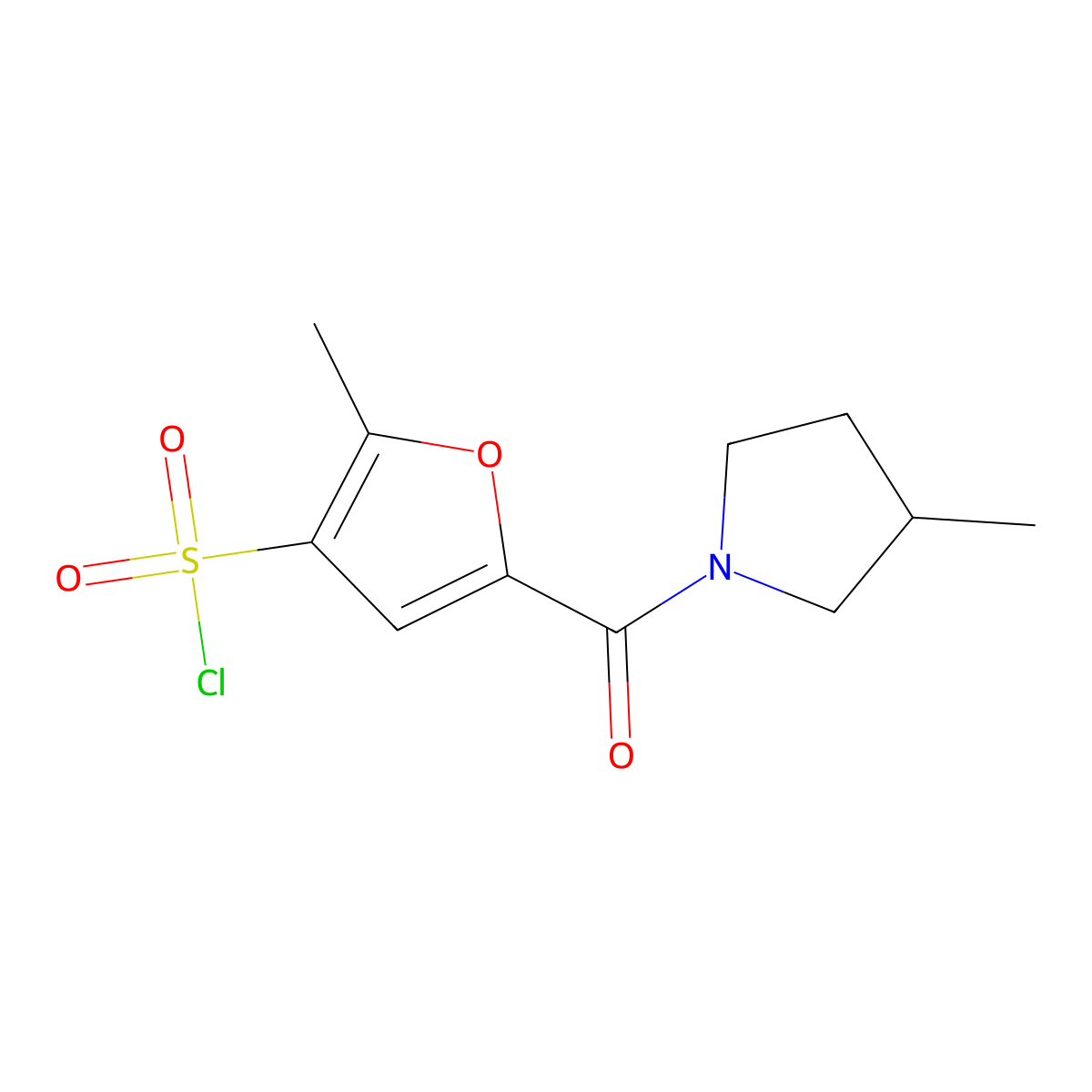 2-Methyl-5-(3-methylpyrrolidine-1-carbonyl)furan-3-sulfonyl chloride molecular structure, CAS 1423031-61-1