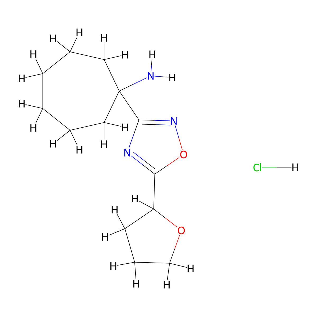 1-[5-(Oxolan-2-yl)-1,2,4-oxadiazol-3-yl]cycloheptan-1-amine hydrochloride molecular structure, CAS 1423032-20-5
