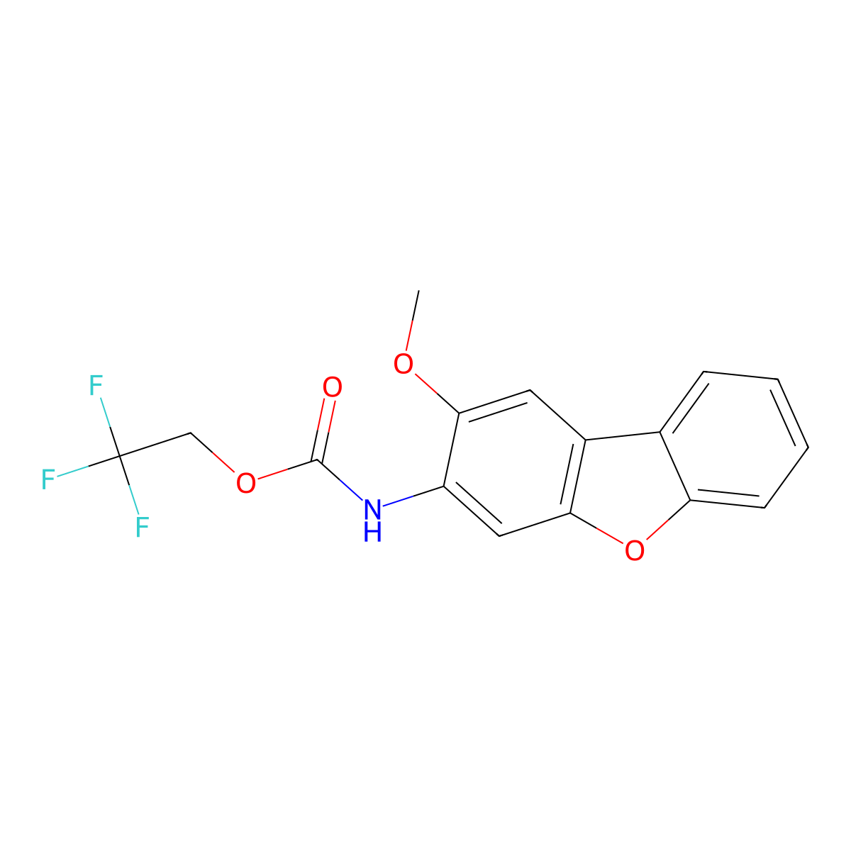 2,2,2-Trifluoroethyl N-{4-methoxy-8-oxatricyclo[7.4.0.0,2,7]trideca-1(9),2(7),3,5,10,12-hexaen-5-yl}carbamate molecular structure, CAS 1423035-06-6