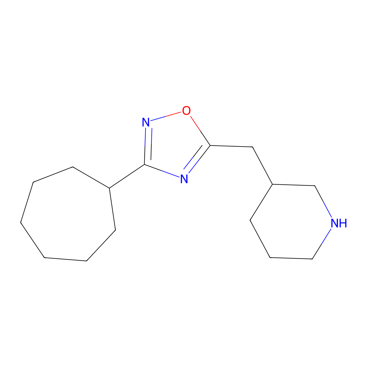 3-[(3-Cycloheptyl-1,2,4-oxadiazol-5-yl)methyl]piperidine molecular structure, CAS 1423117-45-6