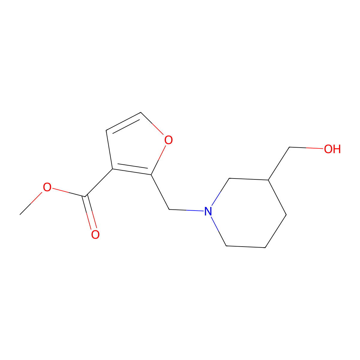 Methyl 2-((3-(hydroxymethyl)piperidin-1-yl)methyl)furan-3-carboxylate molecular structure, CAS 1423224-01-4