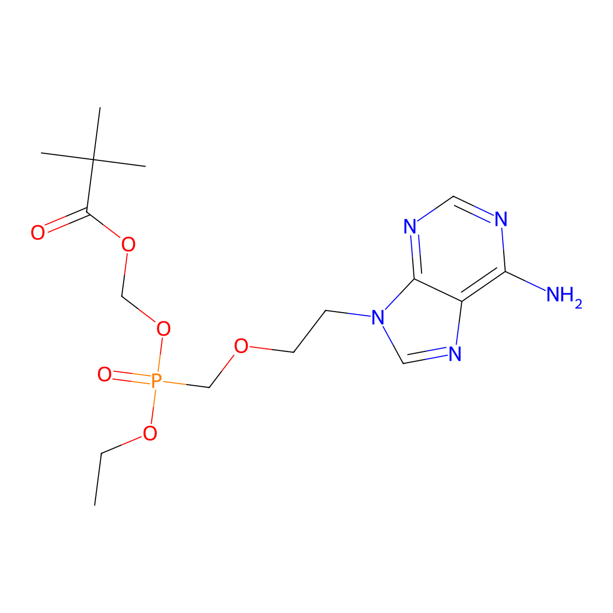 ((((2-(6-Amino-9H-purin-9-yl)ethoxy)methyl)(ethoxy)phosphoryl)oxy)methyl pivalate molecular structure, CAS 142341-04-6