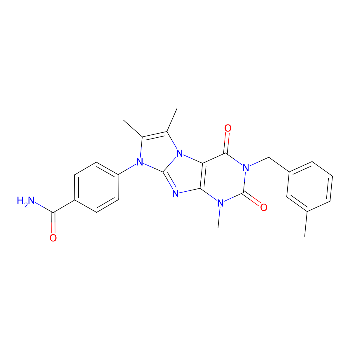 4-{1,6,7-trimethyl-3-[(3-methylphenyl)methyl]-2,4-dioxo-1H,2H,3H,4H,8H-imidazo[1,2-g]purin-8-yl}benzamide molecular structure, CAS 1423562-89-3