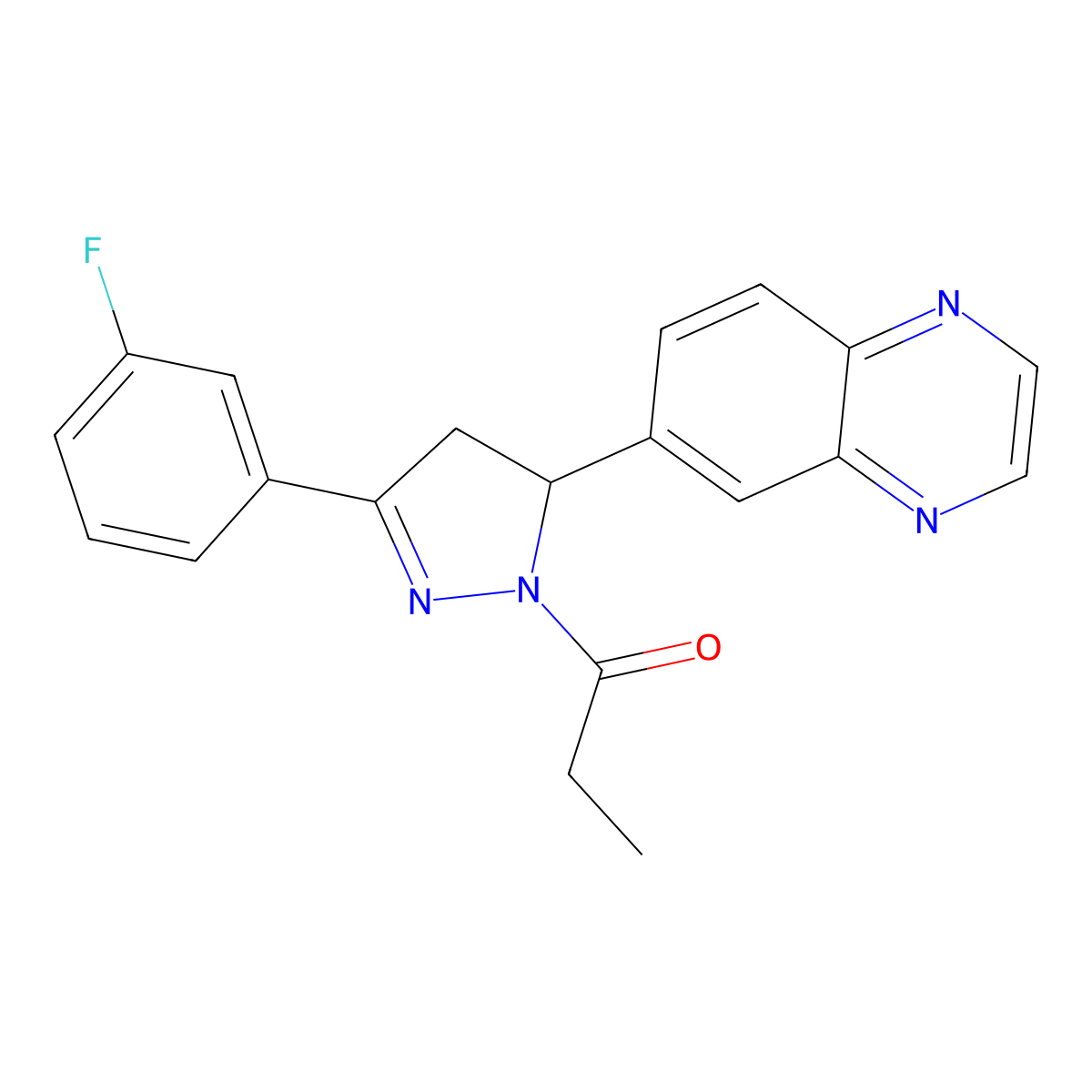 1-(3-(3-fluorophenyl)-5-(quinoxalin-6-yl)-4,5-dihydro-1H-pyrazol-1-yl)propan-1-one molecular structure, CAS 1423787-20-5
