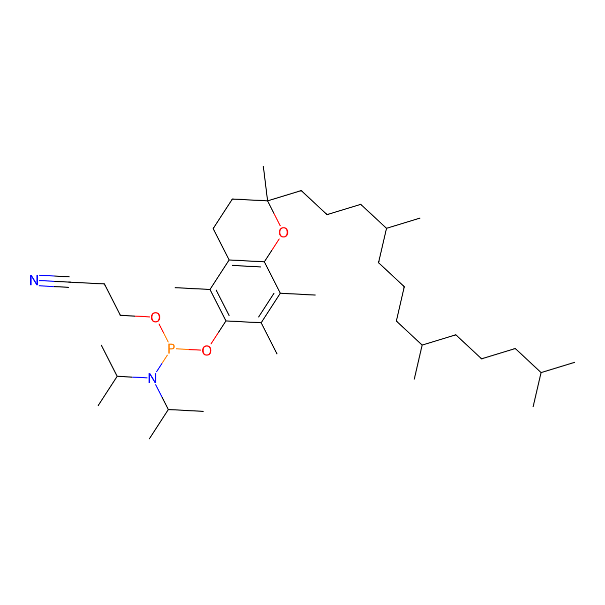 3-({[bis(propan-2-yl)amino]({[2,5,7,8-tetramethyl-2-(4,8,12-trimethyltridecyl)-3,4-dihydro-2H-1-benzopyran-6-yl]oxy})phosphanyl}oxy)propanenitrile molecular structure, CAS 142386-74-1