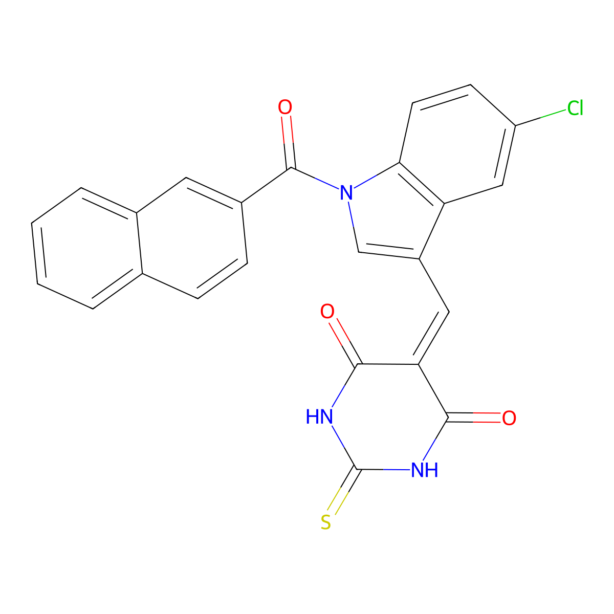 5-[[5-Chloro-1-(naphthalene-2-carbonyl)indol-3-yl]methylidene]-2-sulfanylidene-1,3-diazinane-4,6-dione molecular structure, CAS 1424353-63-8