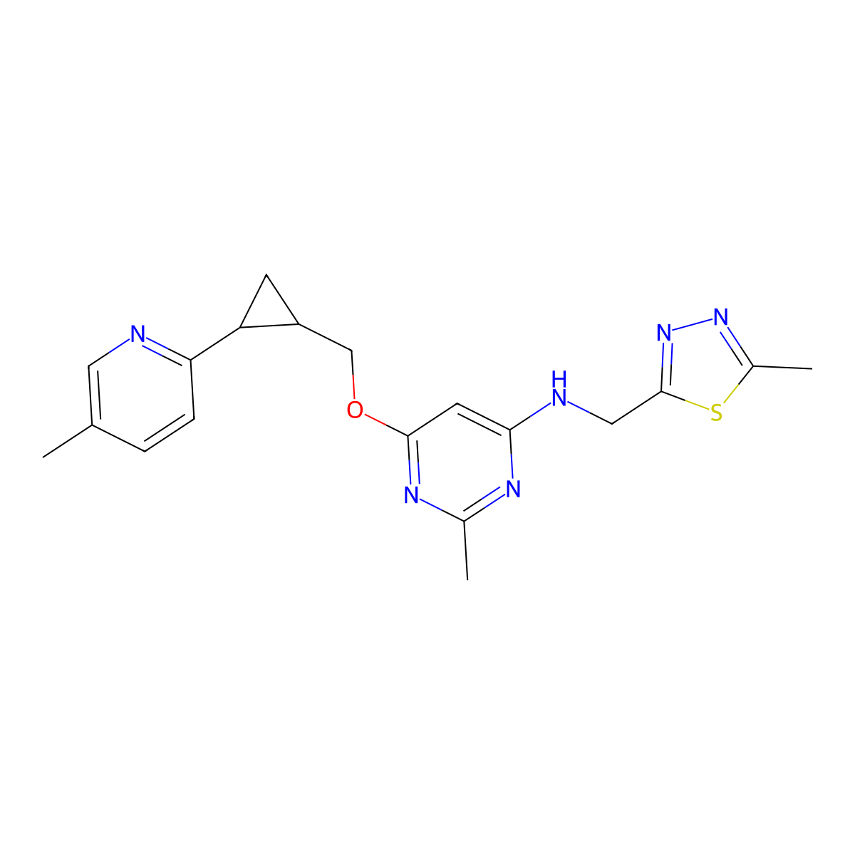 2-methyl-6-[[(1R,2R)-2-(5-methyl-2-pyridinyl)cyclopropyl]methoxy]-N-[(5-methyl-1,3,4-thiadiazol-2-yl)methyl]pyrimidin-4-amine molecular structure, CAS 1424378-99-3