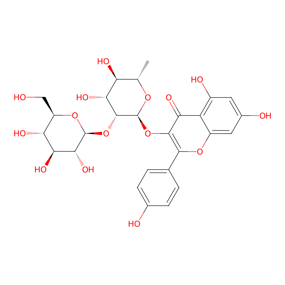 3-((6-Deoxy-2-O-beta-D-glucopyranosyl-alpha-L-mannopyranosyl)oxy)-5,7-dihydroxy-2-(4-hydroxyphenyl)-4H-1-benzopyran-4-one molecular structure, CAS 142451-65-8