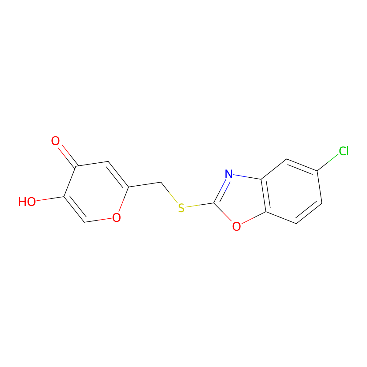 2-(((5-chlorobenzo[d]oxazol-2-yl)thio)methyl)-5-hydroxy-4H-pyran-4-one molecular structure, CAS 1424561-67-0