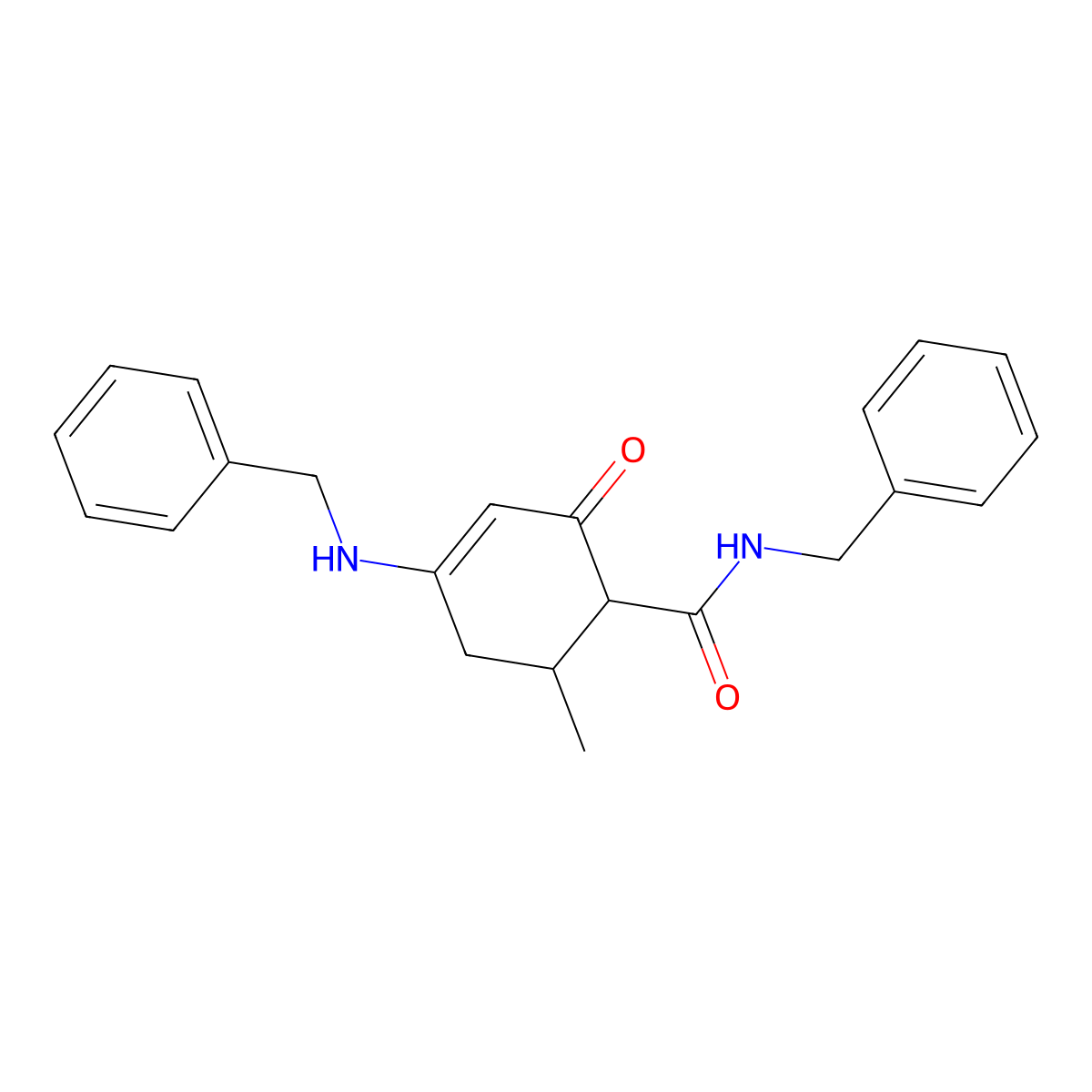 N-benzyl-4-(benzylamino)-6-methyl-2-oxocyclohex-3-ene-1-carboxamide molecular structure, CAS 142458-11-5