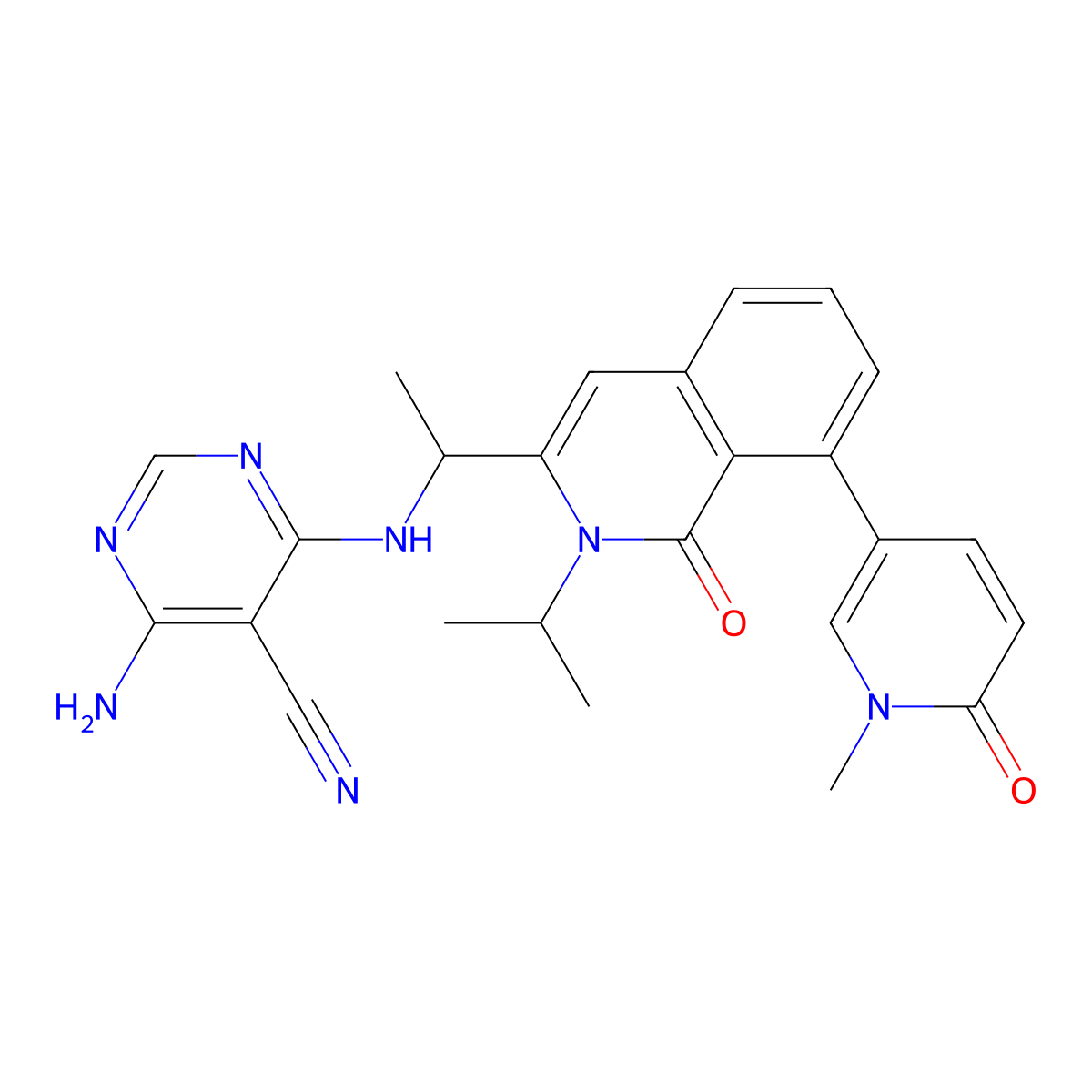 (S)-4-Amino-6-((1-(2-isopropyl-8-(1-methyl-6-oxo-1,6-dihydropyridin-3-yl)-1-oxo-1,2-dihydroisoquinolin-3-yl)ethyl)amino)pyrimidine-5-carbonitrile molecular structure, CAS 1425043-73-7