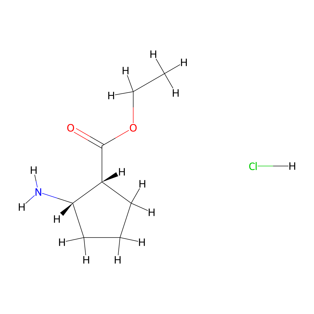 rac-ethyl (1R,2S)-2-aminocyclopentane-1-carboxylate hydrochloride molecular structure, CAS 142547-15-7