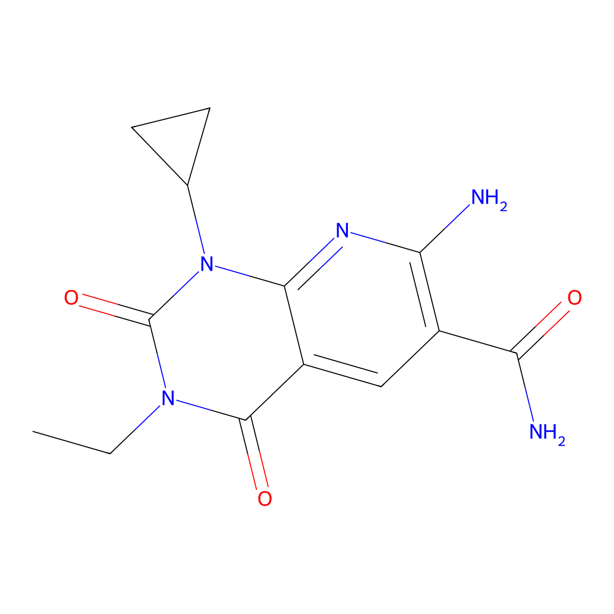 7-Amino-1-cyclopropyl-3-ethyl-2,4-dioxo-1,2,3,4-tetrahydropyrido[2,3-d]pyrimidine-6-carboxamide molecular structure, CAS 142557-61-7