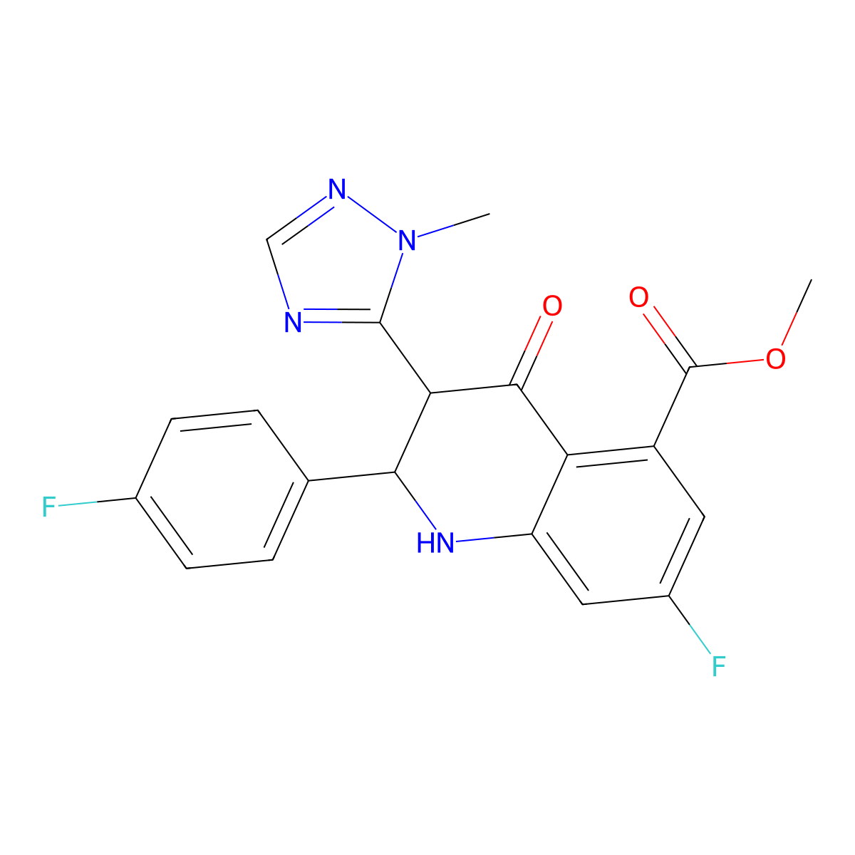 (2R,3R)-methyl 7-fluoro-2-(4-fluorophenyl)-3-(1-methyl-1H-1,2,4-triazol-5-yl)-4-oxo-1,2,3,4-tetrahydroquinoline-5-carboxylate molecular structure, CAS 1425767-92-5