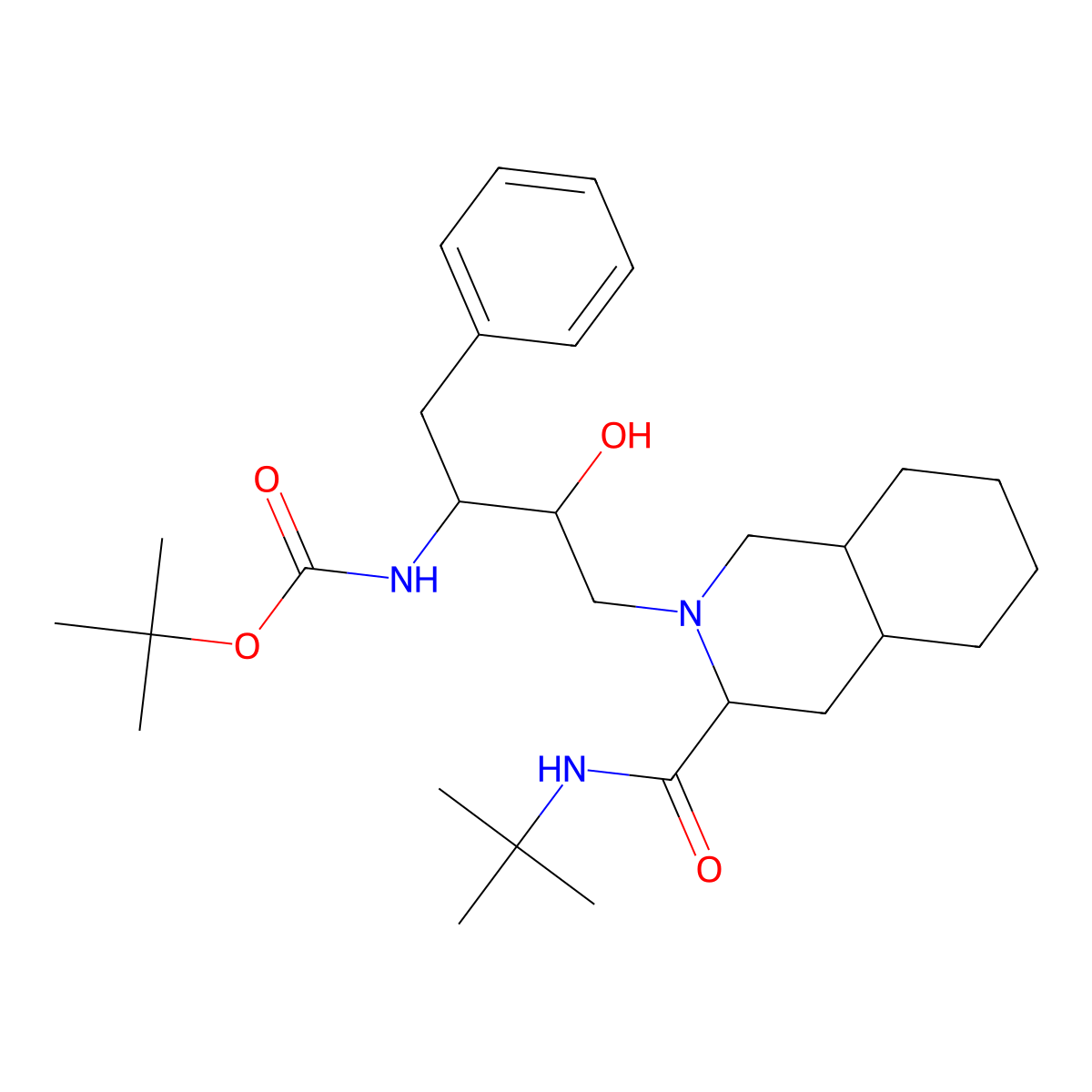 Carbamic acid, ((1S,2R)-3-((3S,4aS,8aS)-3-(((1,1-dimethylethyl)amino)carbonyl)octahydro-2(1H)-isoquinolinyl)-2-hydroxy-1-(phenylmethyl)propyl)-, 1,1-dimethylethyl ester molecular structure, CAS 142580-65-2