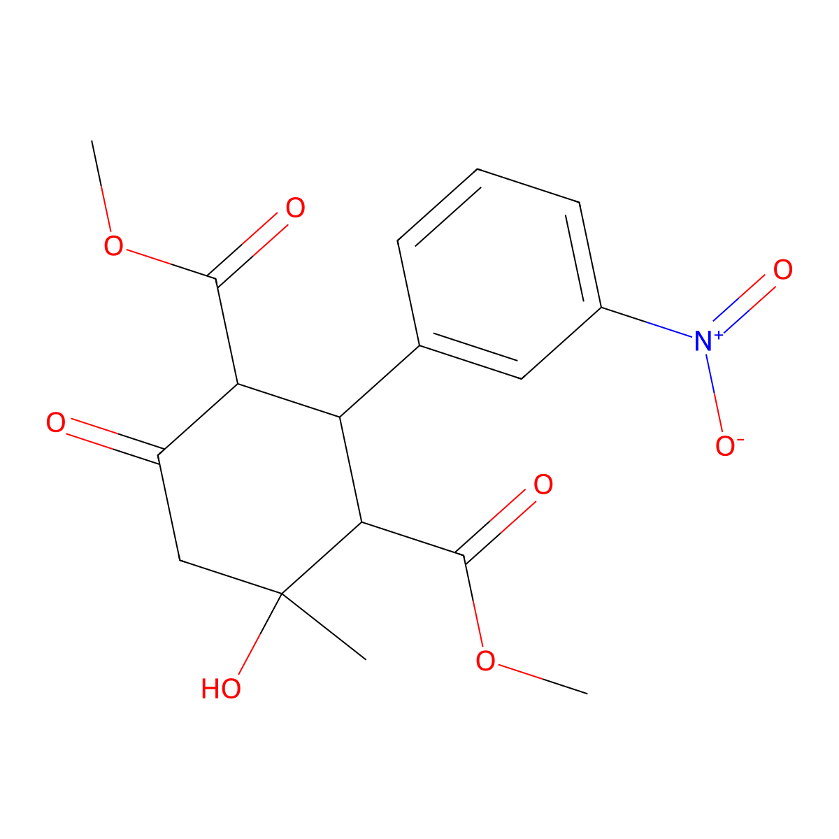 Dimethyl 4-hydroxy-4-methyl-2-(3-nitrophenyl)-6-oxocyclohexane-1,3-dicarboxylate molecular structure, CAS 142592-09-4
