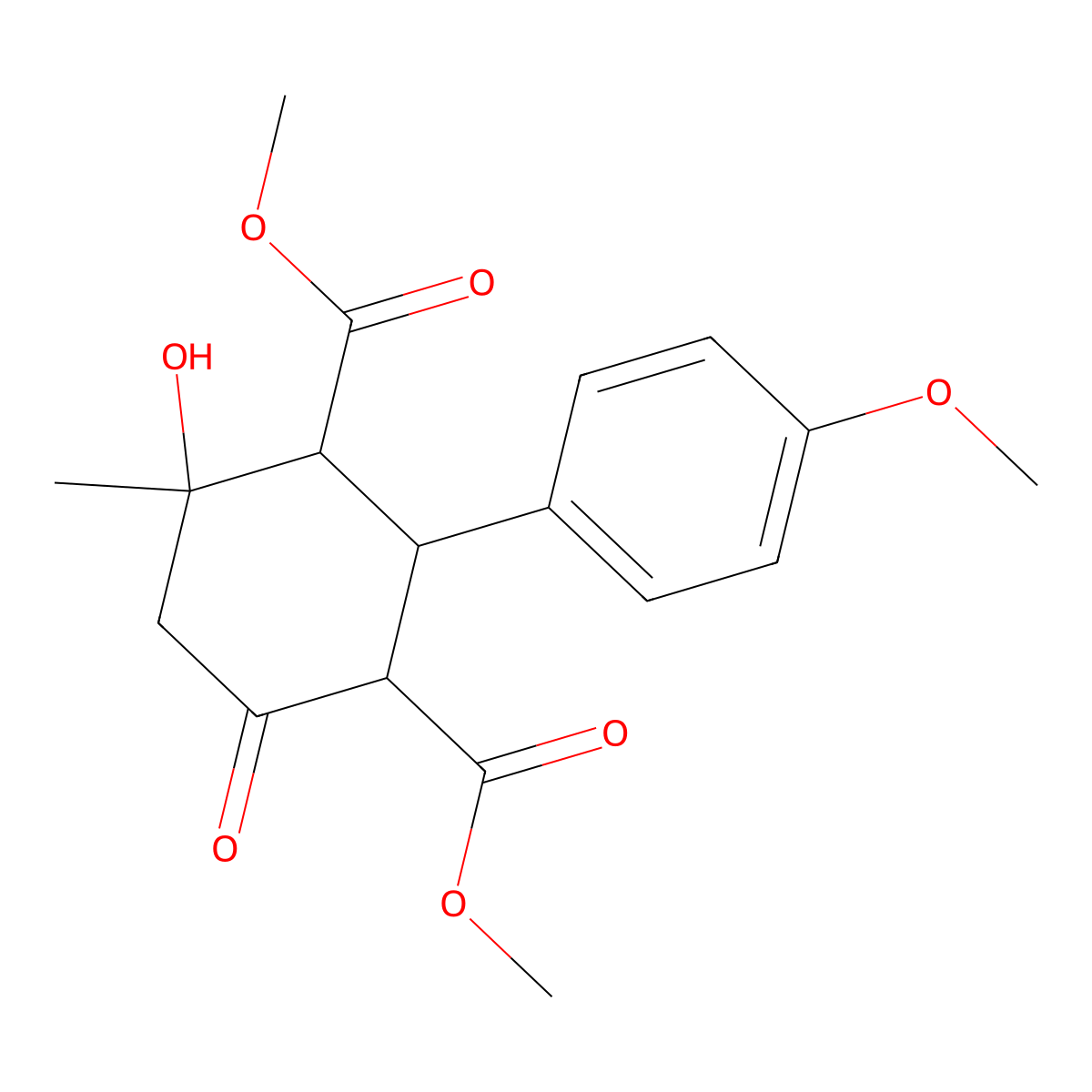 Dimethyl 4-hydroxy-2-(4-methoxyphenyl)-4-methyl-6-oxocyclohexane-1,3-dicarboxylate molecular structure, CAS 142592-11-8