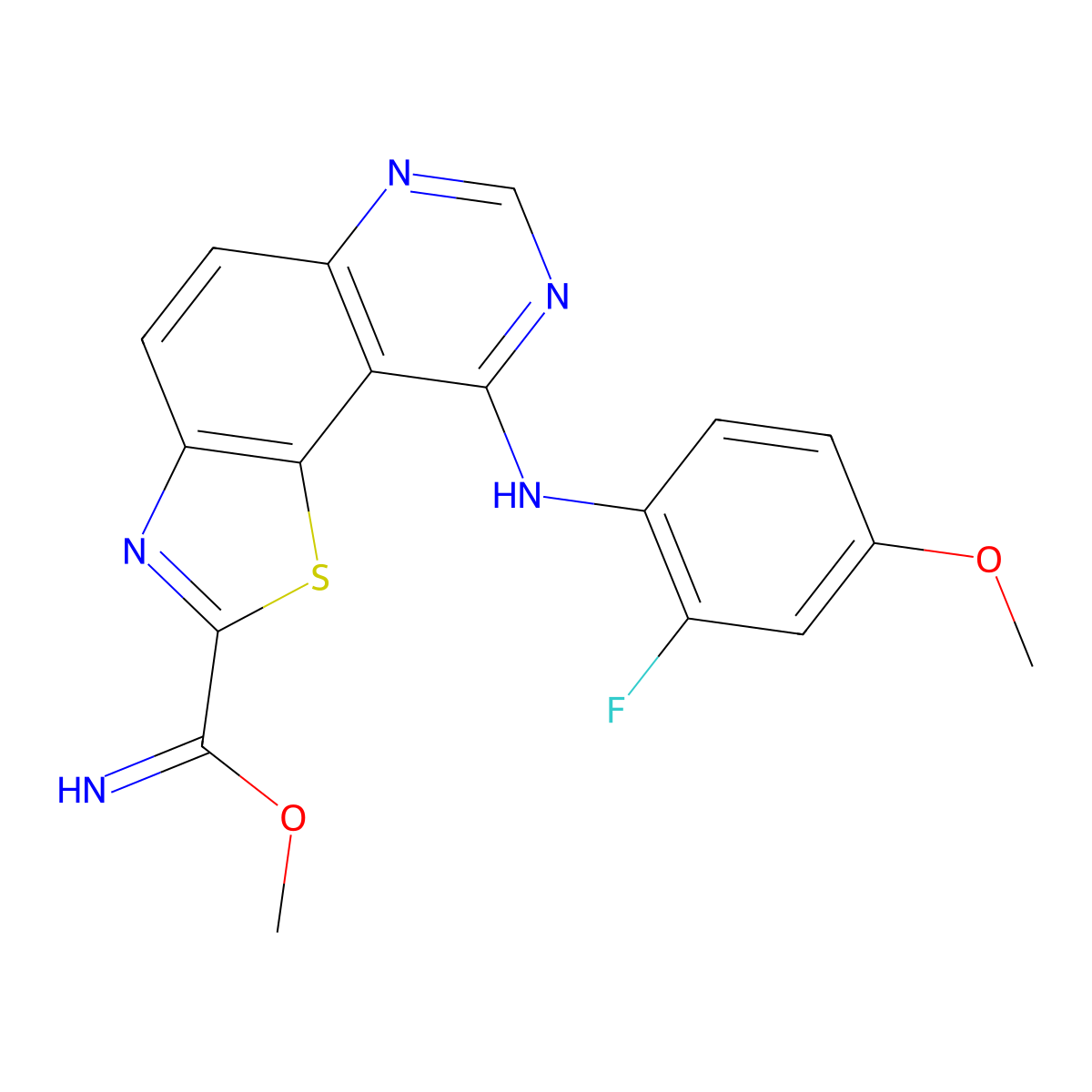 Methyl 9-((2-fluoro-4-methoxyphenyl)amino)thiazolo[5,4-f]quinazoline-2-carbimidate molecular structure, CAS 1425945-60-3