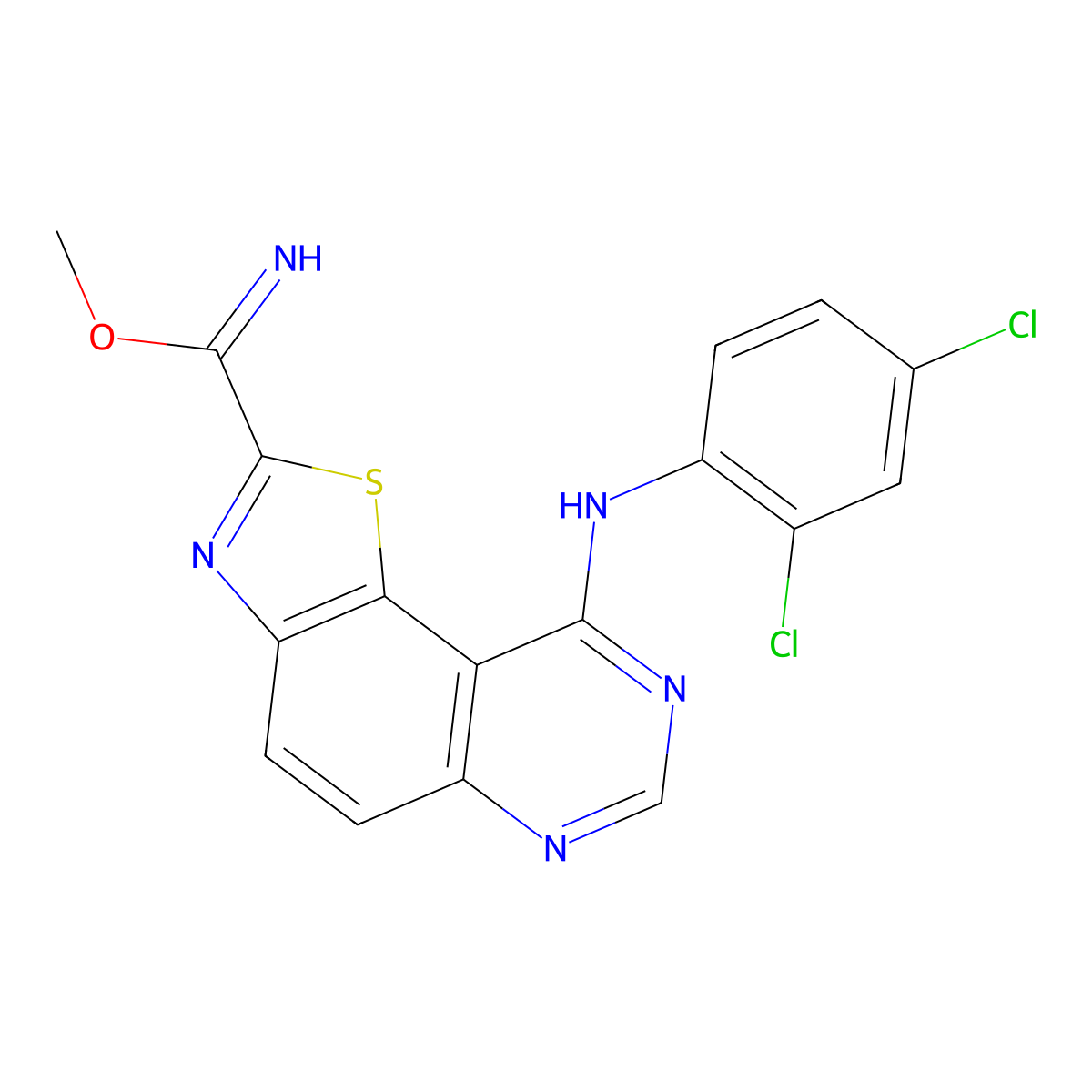 Methyl 9-(2,4-dichloroanilino)-[1,3]thiazolo[5,4-f]quinazoline-2-carboximidate molecular structure, CAS 1425945-63-6