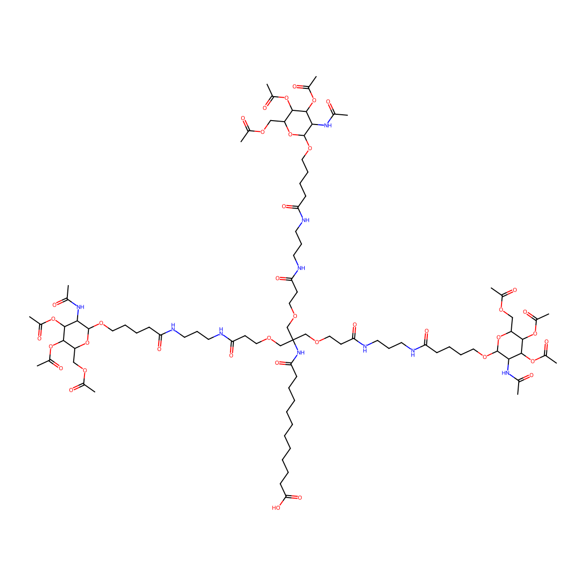 1-(((2R,3R,4R,5R,6R)-3-Acetamido-4,5-diacetoxy-6-(acetoxymethyl)tetrahydro-2H-pyran-2-yl)oxy)-16,16-bis((3-((3-(5-(((2R,3R,4R,5R,6R)-3-acetamido-4,5-diacetoxy-6-(acetoxymethyl)tetrahydro-2H-pyran-2-yl)oxy)pentanamido)propyl)amino)-3-oxopropoxy)methyl)-5,11,18-trioxo-14-oxa-6,10,17-triazanonacosan-29-oic acid molecular structure, CAS 1426159-34-3