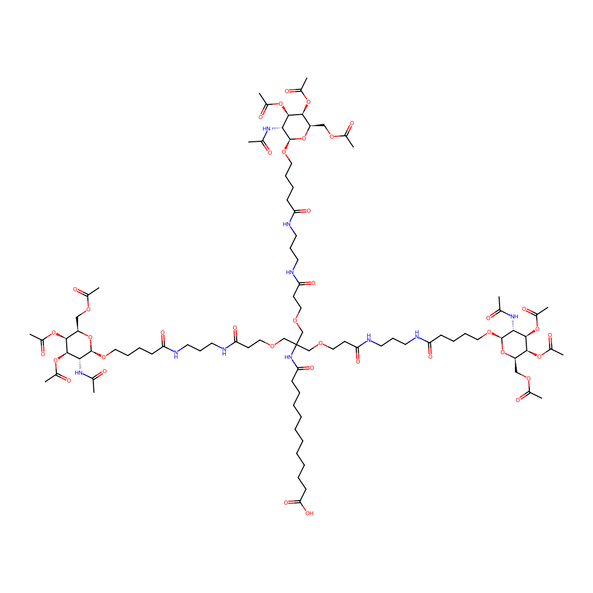 1-(((2R,3R,4R,5R,6R)-3-Acetamido-4,5-diacetoxy-6-(acetoxymethyl)tetrahydro-2H-pyran-2-yl)oxy)-16,16-bis((3-((3-(5-(((2R,3R,4R,5R,6R)-3-acetamido-4,5-diacetoxy-6-(acetoxymethyl)tetrahydro-2H-pyran-2-yl)oxy)pentanamido)propyl)amino)-3-oxopropoxy)methyl)-5,11,18-trioxo-14-oxa-6,10,17-triazanonacosan-29-oic acid molecular structure, CAS 1426159-34-3