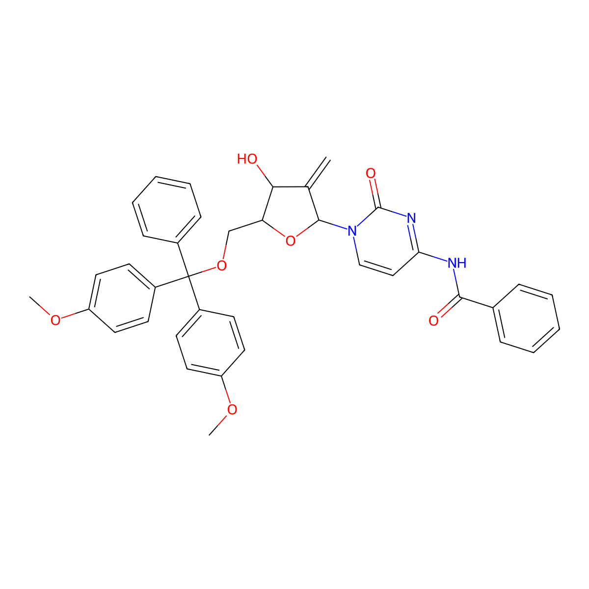 N-(1-((2R,4S,5R)-5-((bis(4-methoxyphenyl)(phenyl)methoxy)methyl)-4-hydroxy-3-methylenetetrahydrofuran-2-yl)-2-oxo-1,2-dihydropyrimidin-4-yl)benzamide molecular structure, CAS 142618-50-6