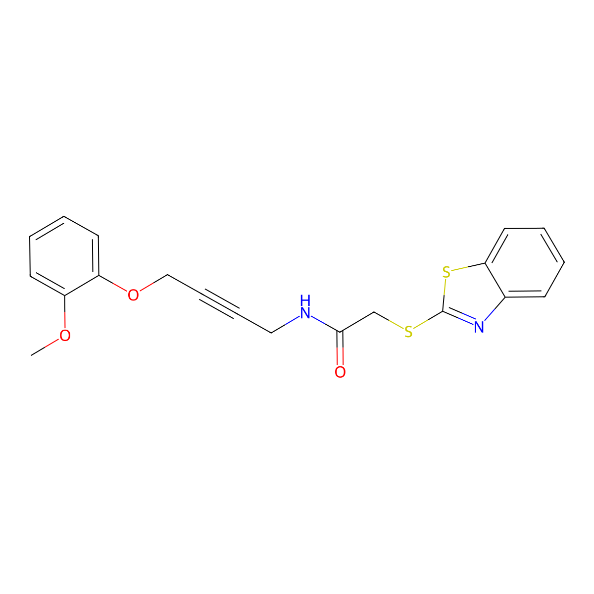 2-(benzo[d]thiazol-2-ylthio)-N-(4-(2-methoxyphenoxy)but-2-yn-1-yl)acetamide molecular structure, CAS 1426314-59-1