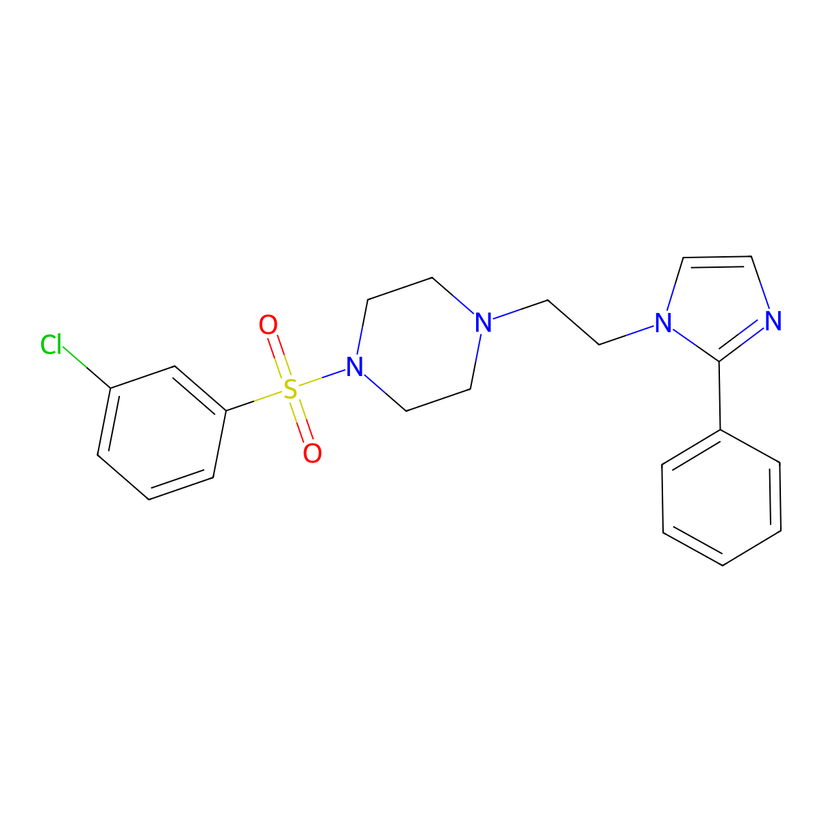 1-((3-chlorophenyl)sulfonyl)-4-(2-(2-phenyl-1H-imidazol-1-yl)ethyl)piperazine molecular structure, CAS 1426314-73-9