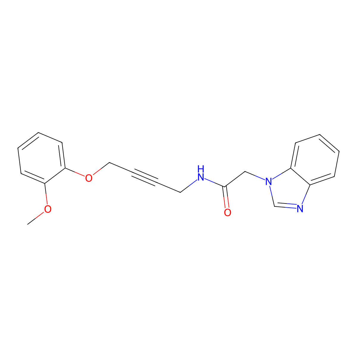 2-(1H-benzo[d]imidazol-1-yl)-N-(4-(2-methoxyphenoxy)but-2-yn-1-yl)acetamide molecular structure, CAS 1426314-99-9