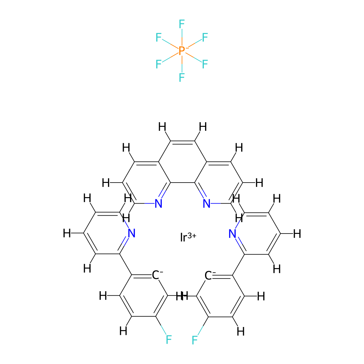 Iridium-bis[5-fluoro-2-(2-pyridinyl-κN)phenyl-κC](1,10-phenanthroline-κN1,κN10)-(OC-6-13)-hexafluorophosphate molecular structure, CAS 1426547-98-9