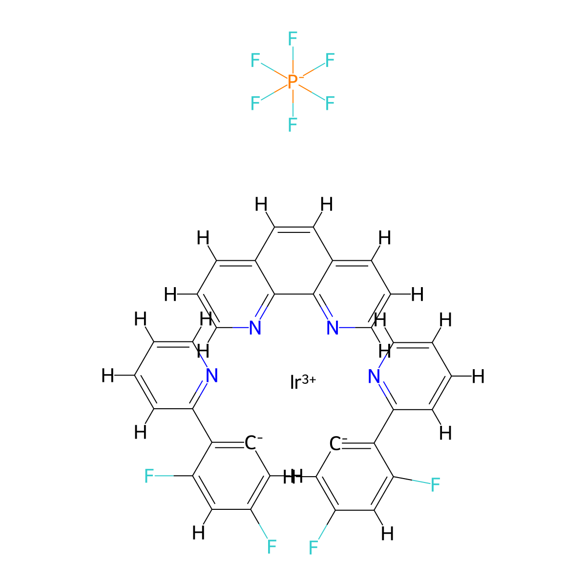 Iridium-bis[3,5-difluoro-2-(2-pyridinyl-κN)phenyl-κC](1,10-phenanthroline-κN1,κN10)-(OC-6-13)-hexafluorophosphate molecular structure, CAS 1426548-03-9