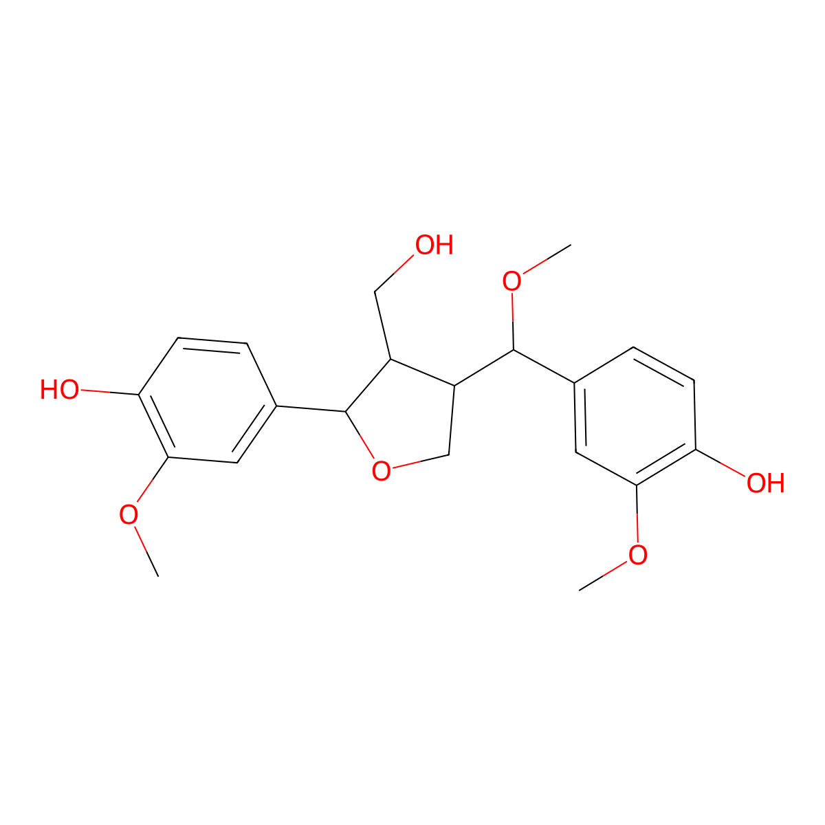 rel-(+)-(2R,3S,4S)-Tetrahydro-2-(4-hydroxy-3-methoxyphenyl)-4-[(4-hydroxy-3-methoxyphenyl)methoxymethyl]-3-furanmethanol molecular structure, CAS 1426550-86-8